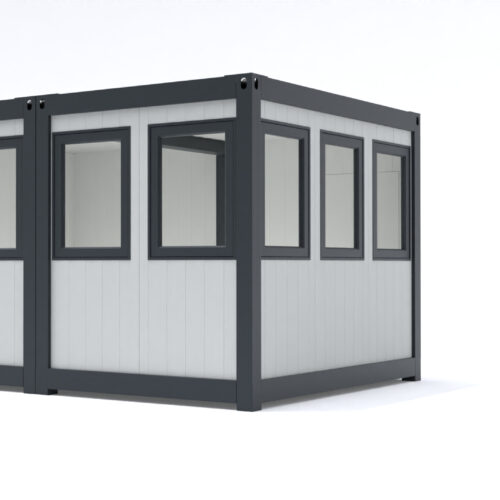 Prefab kantoorunit KLW 28 Kantoorunit Alicia in de standaard configuratie afmetingen: 3x4m. (Deze kantoorunit wordt in 2 delen geleverd die eenvoudig in het werk geschakeld zijn). Kozijnen en frame naar keuze ral 9010 of antraciet ral 7016.